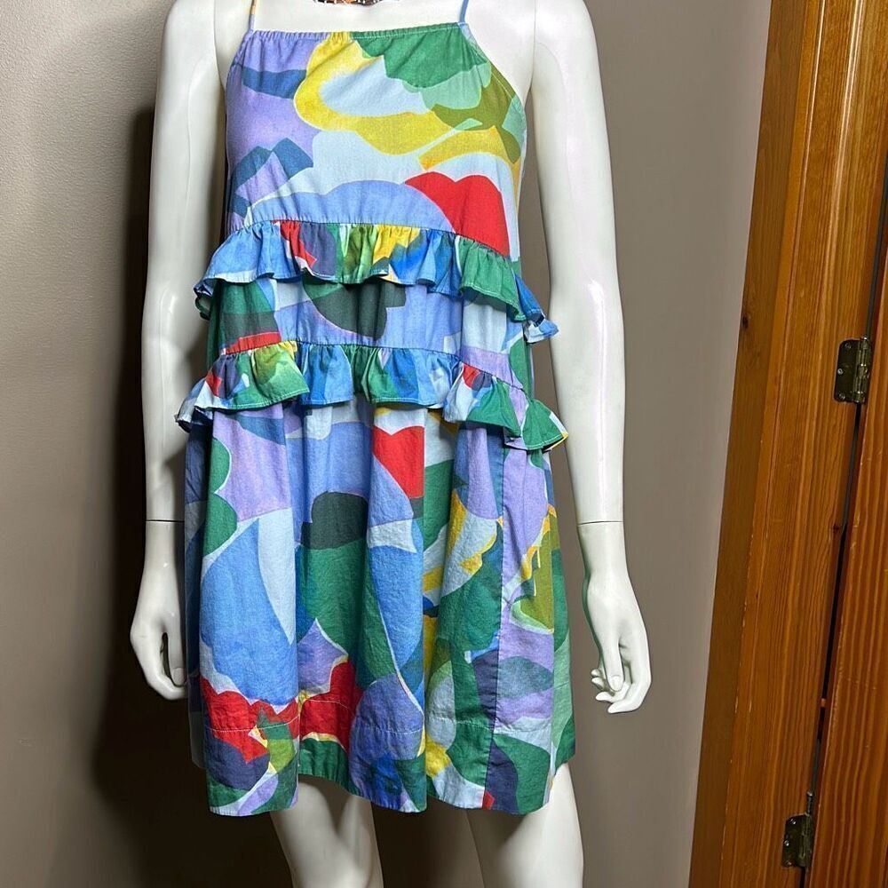 Anthropologie Sleeveless Ruffled Seaside Dress Small Colorful Artsy Splatter - Picture 3 of 8